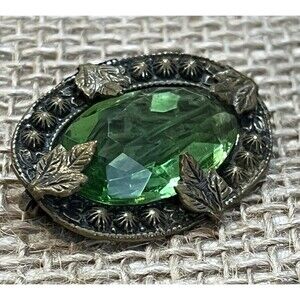 Victorian Antique Open Scroll Green Glass Stone Pin Brooch Czech Art Nouveau